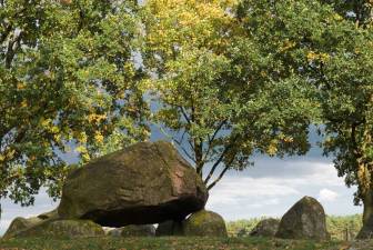 Vorschaubild Hünengrab Mellen bestehend aus Megalitsteinen zwischen vom Herbst verfärbten Bäumen