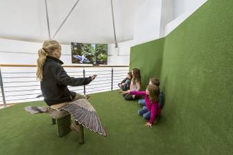 Vorschaubild Kind sitzt auf einer Gans und macht einen virtuellen Flug über die Pringitzer Elbtalaue im Biosphärenreservat Flusslandschaft Elbe, mehrere Kinder sitzen auf dem Boden und sehen dabei zu