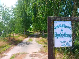 Vorschaubild rostiges Schild mit Aufschrift "Herzlich willkommen im Elbgarten Wittenberge - Wir haben geöffnet" vor einem Plattenweg im Birkenwald, in dem zwei Fahrräder stehen