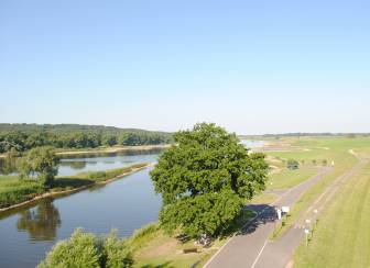 Vorschaubild Blick vom Grenzturm Lenzen auf die Elbtalaue mit dem Elbdeich, Elberadweg, der Fähre, der Elbe im Sommer und strahlend blauem Himmel