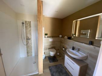 Vorschaubild Badezimmer mit ebenerdiger Dusche, Toilette und Waschbecken, modern